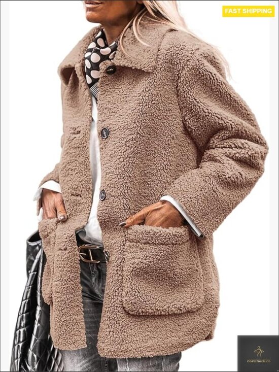 Jackets & Blazers - Faux Fur Coat Long Sleeve Lapel Button Down Pockets Sherpa Jacket Winter Trendy